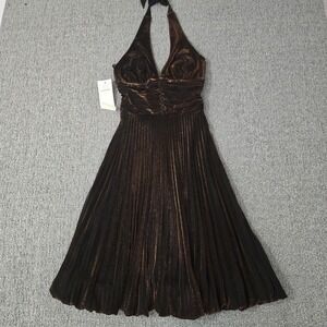 Vtg Cache Brown Metallic Pleated‎ Halter Babydoll Dress Ruched Cocktail Womens 2